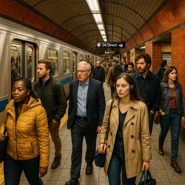 The image captures a bustling subway station filled with commuters.
