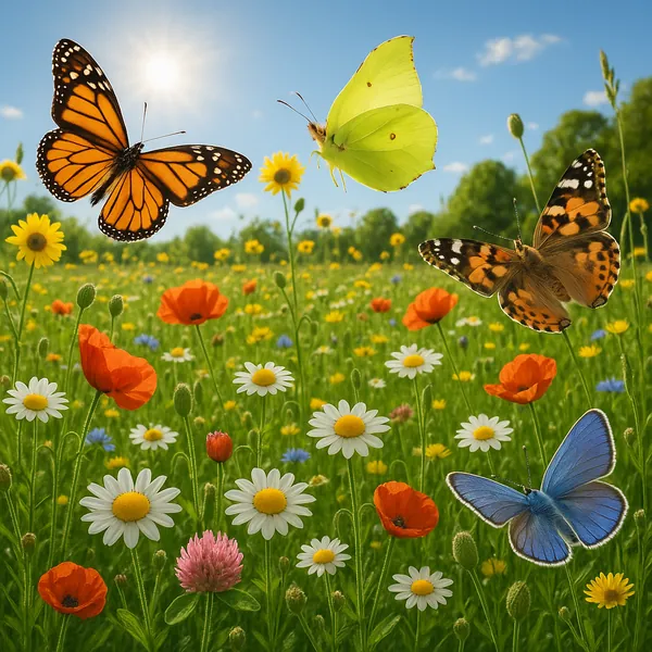 This vibrant image captures a sunny meadow teeming with life.