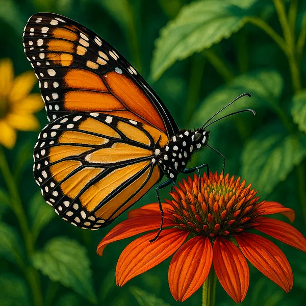 A striking image captures a butterfly perched gracefully on a vivid orange flower.
