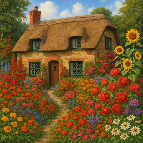 This image depicts a quaint cottage with a thatched roof, nestled amidst a vibrant flower garden.