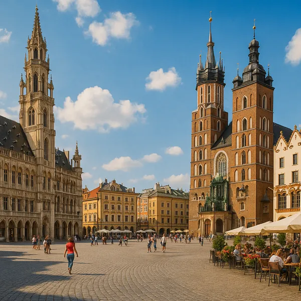 The image captures a historic European city square bathed in warm sunlight.