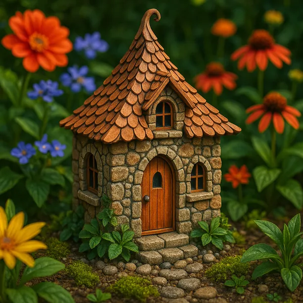 This enchanting image features a miniature fairy house nestled in a vibrant garden.