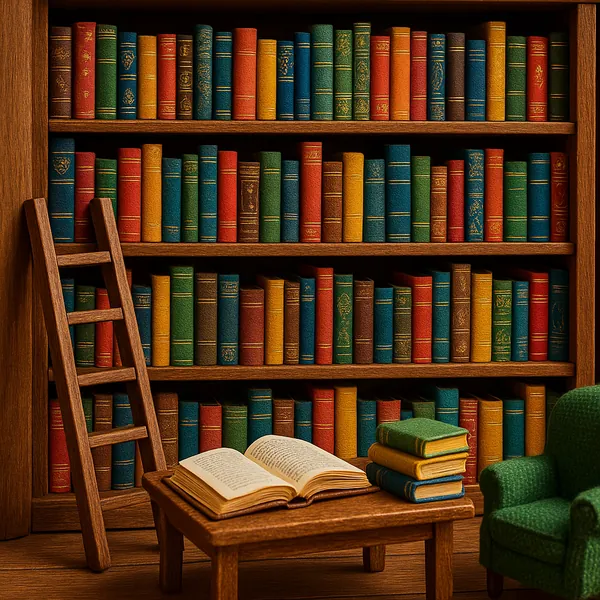 This image depicts a delightful miniature library setting, featuring a compact wooden bookshelf filled with colorful books in shades of red, blue, green, and ye