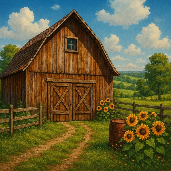 This image captures a picturesque rustic barn set in a serene countryside landscape.