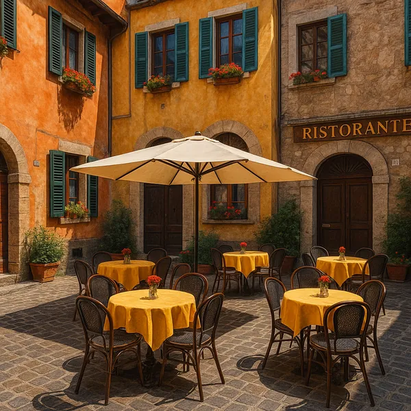 This image captures a quaint street cafe set in an old town square.