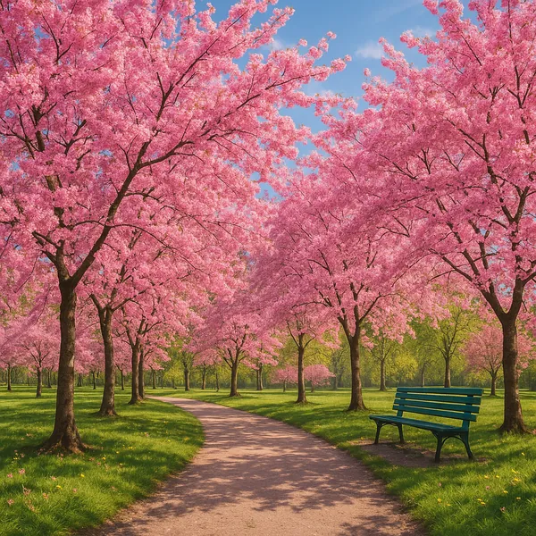 This vibrant image captures a serene park scene where cherry blossom trees are in full bloom.
