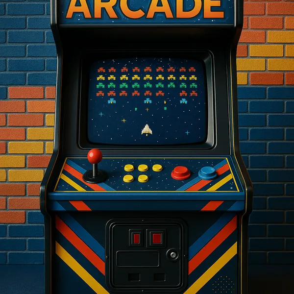This image features a retro arcade game machine, evoking a sense of nostalgia for classic gaming.