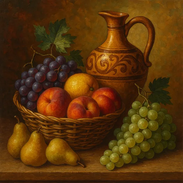 This oil painting captures a classic still life scene, featuring a variety of fruits and a decorative jug.