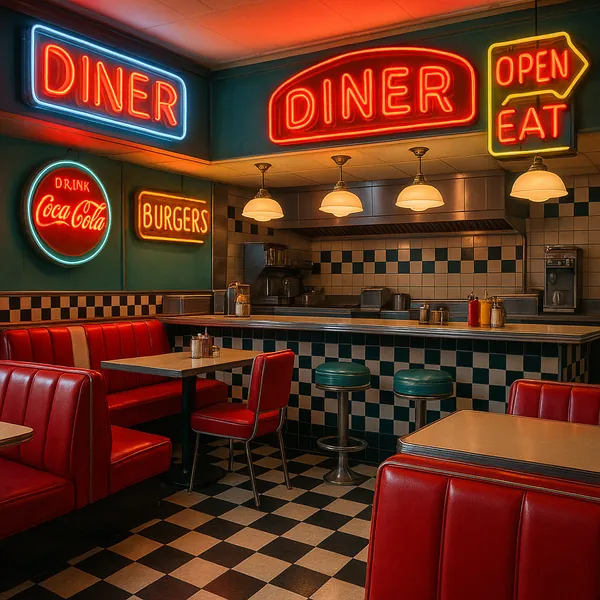 The image showcases a retro-style diner with a nostalgic ambiance.