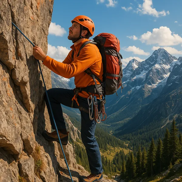 A mountain climber is captured mid-ascent on a rugged cliff face, surrounded by a breathtaking alpine landscape.