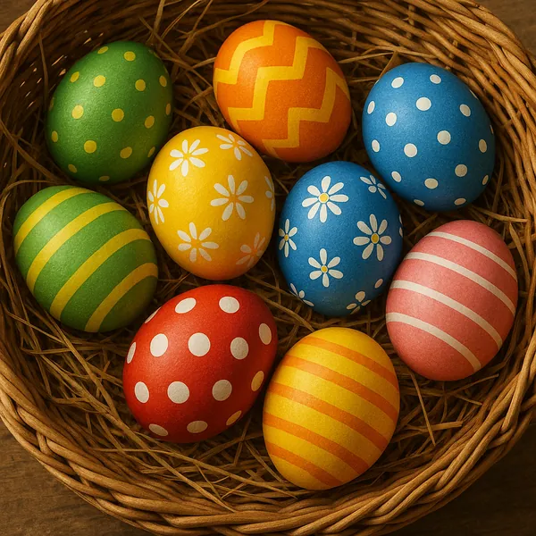 This image features a collection of vibrantly decorated Easter eggs nestled in a woven basket.