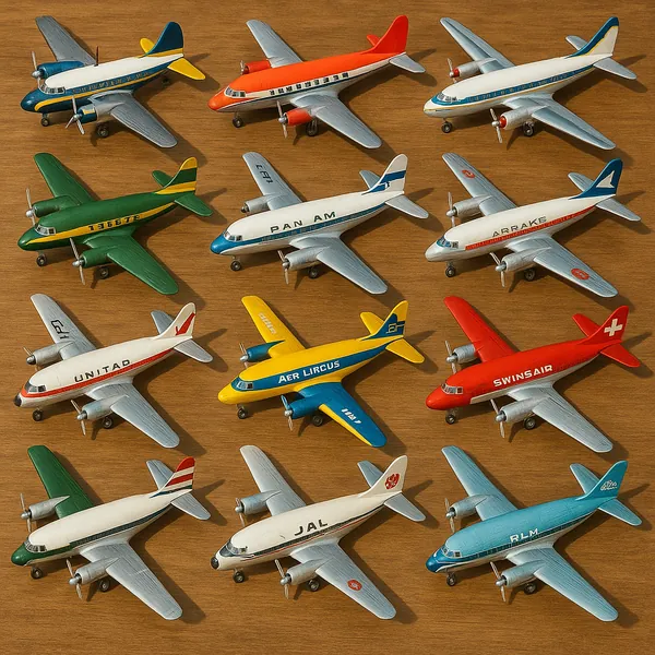 This image showcases a collection of twelve model airplanes, each painted in distinct, vibrant colors.