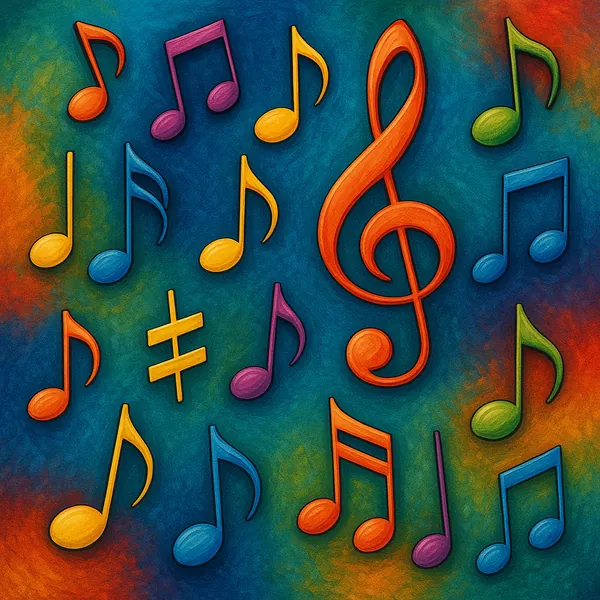 This vibrant illustration features an array of musical notes seemingly floating against a rich, multicolored background.