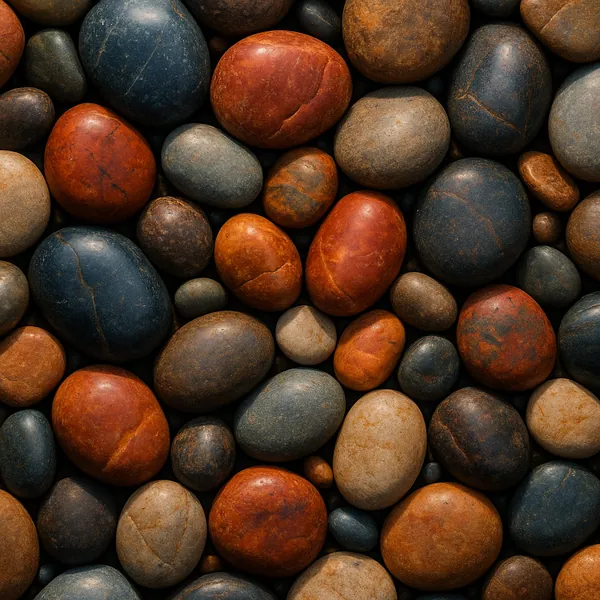 This image showcases a collection of smooth river stones, each displaying a variety of earthy tones.