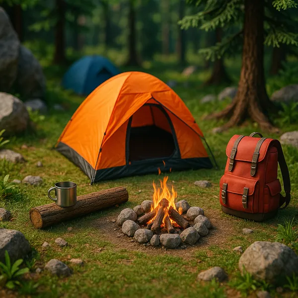 This image depicts a charming camping setup in a verdant forest.