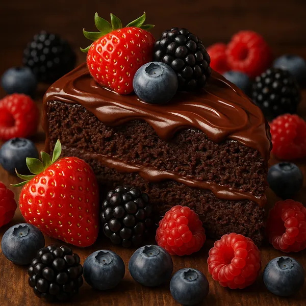 This image showcases a rich chocolate dessert slice adorned with a glossy layer of chocolate ganache.
