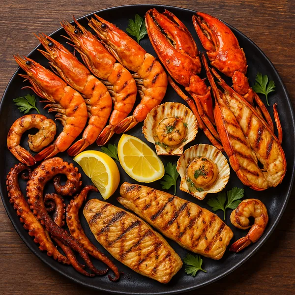 This vibrant image showcases a beautifully arranged grilled seafood platter.