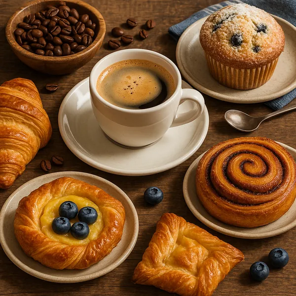 This inviting image showcases a delightful assortment of pastries and a steaming cup of coffee, set on a warm wooden table.