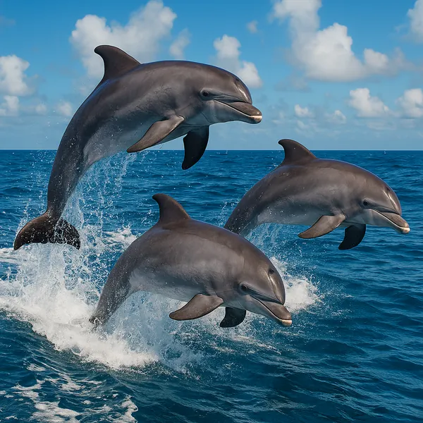 The image captures three dolphins energetically leaping out of the ocean against a backdrop of clear blue skies and scattered clouds.