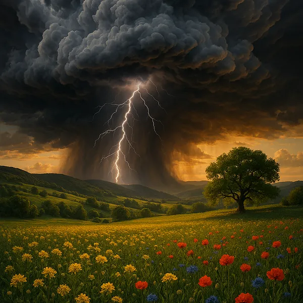 This striking image captures a dramatic thunderstorm unfolding over a vibrant landscape.