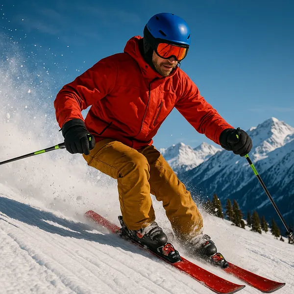 A skier in vibrant attire is captured mid-action on a snowy slope, showcasing an exhilarating descent.