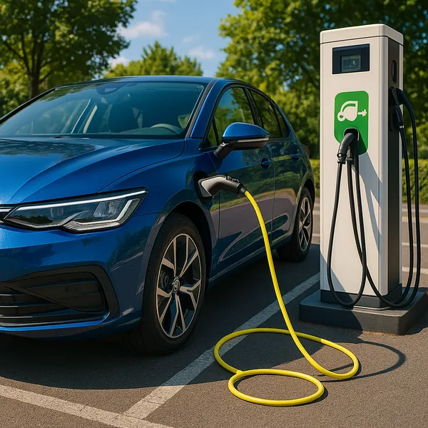 The image depicts a blue electric car connected to a charging station in a sunny outdoor setting.