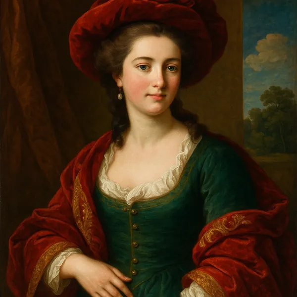 This classical portrait features a poised woman dressed in period attire.