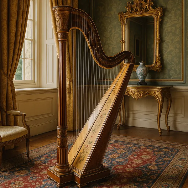 This image features a beautifully crafted harp positioned in an opulent room.