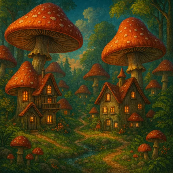 This whimsical illustration depicts a charming village nestled within a mystical mushroom forest.