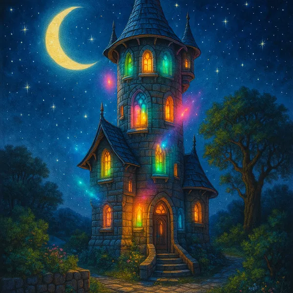 This image features a mystical wizard tower illuminated by a variety of magical lights.