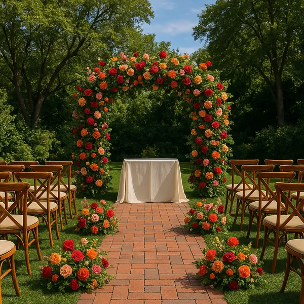 The image depicts a beautifully arranged outdoor wedding ceremony setup.