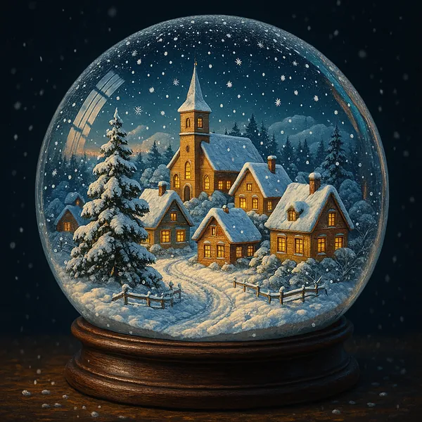 This captivating image depicts a charming winter village encapsulated within a snow globe.