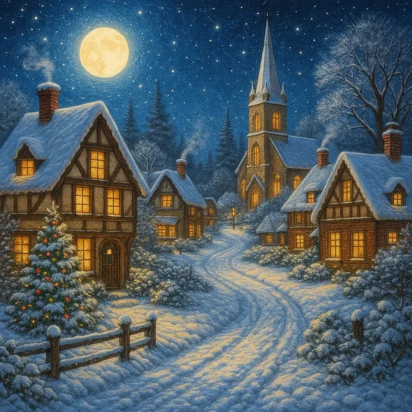 The image portrays a picturesque winter village under a bright, full moon.