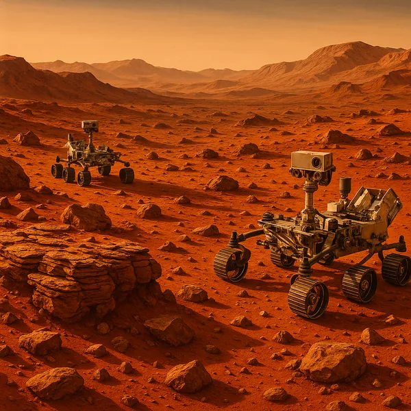 This image depicts a striking Martian landscape under a warm, reddish hue.