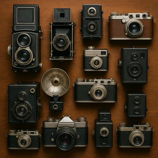 This image showcases a meticulously arranged collection of vintage cameras displayed on a warm wooden surface.