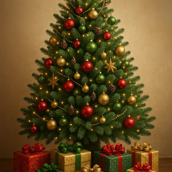 This image showcases a beautifully decorated Christmas tree, adorned with an array of colorful ornaments.
