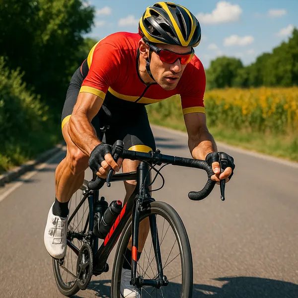 A cyclist in a bright red and yellow racing outfit is captured in motion on a sunlit road.