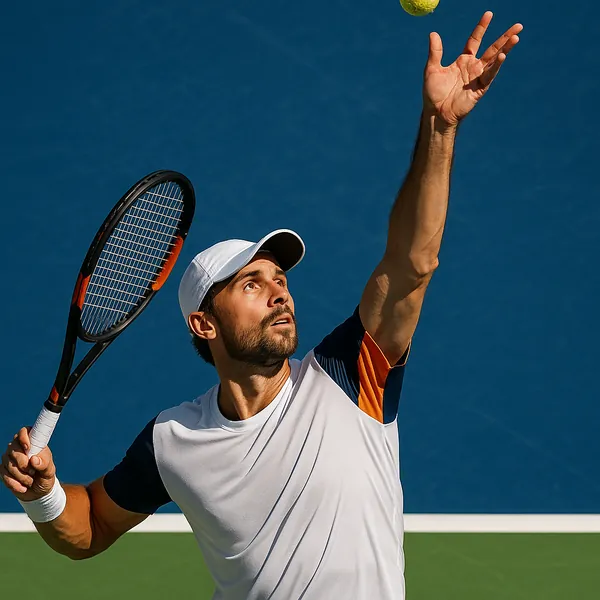 A tennis player is captured mid-serve, poised to hit the ball with precision.