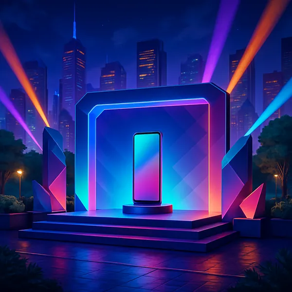 This image showcases a vibrant cityscape at night, highlighting a futuristic tech-launch event stage.