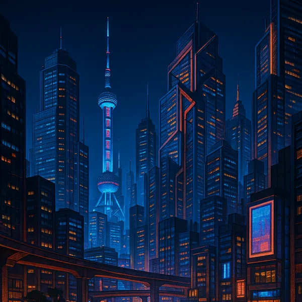 This image depicts a vibrant futuristic cityscape at night, characterized by towering skyscrapers and intricate architectural designs.