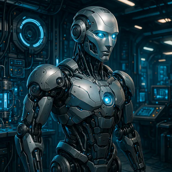 The image depicts a sleek, humanoid robot standing in a high-tech laboratory.
