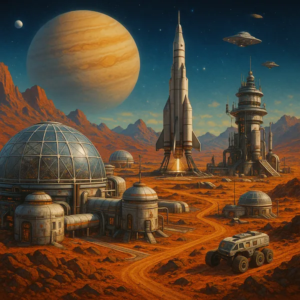 This image depicts a futuristic space colony set on a distant planet with a strikingly vibrant orange landscape.