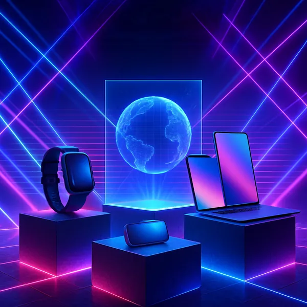 This image presents a dynamic tech-launch stage, bathed in vibrant neon gradients of blue and pink.