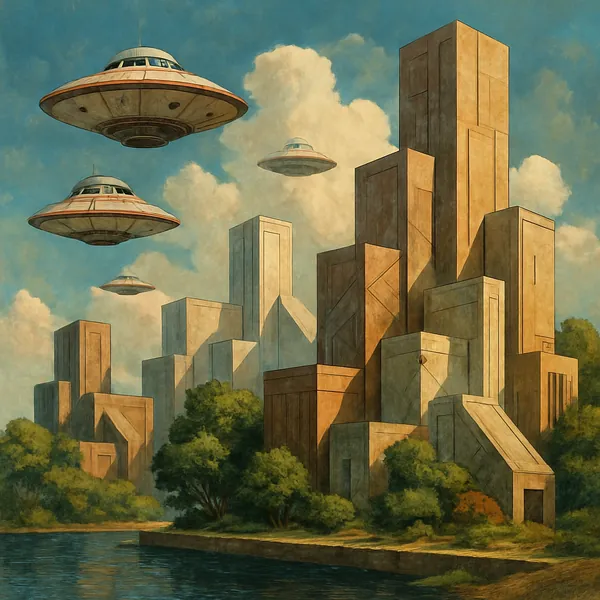 This image features a sci-fi landscape with geometric buildings and vintage spacecraft hovering above.