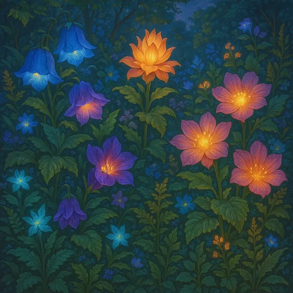 This captivating image depicts an enchanted garden filled with an array of glowing flowers.