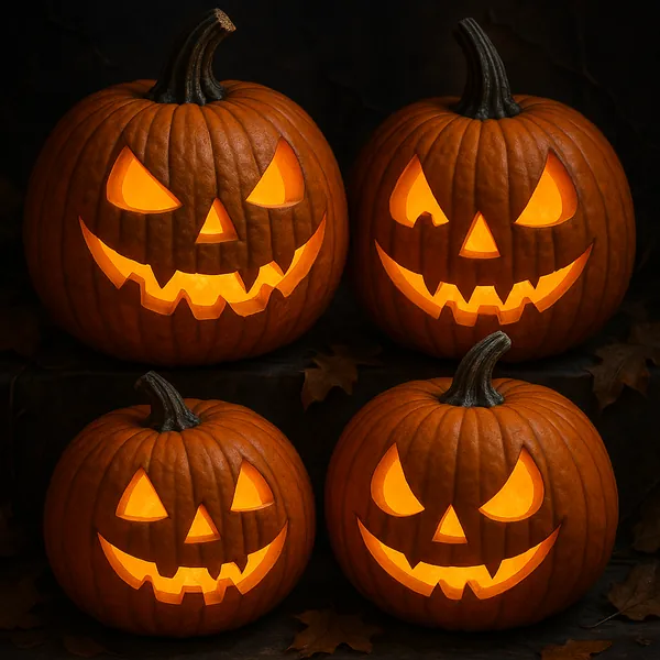 This image showcases four intricately carved Halloween pumpkins, each featuring a unique, expressive face.