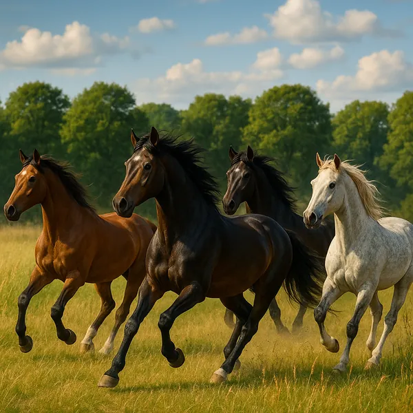 A group of elegant horses gallops through a sunlit field, showcasing their strength and grace.
