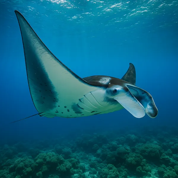 A magnificent manta ray glides effortlessly through the clear blue waters, its expansive wings spreading wide as it navigates the ocean depths.