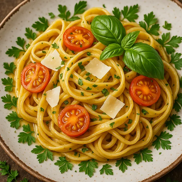 This image showcases a beautifully plated gourmet pasta dish, elegantly presented on a rustic ceramic plate.