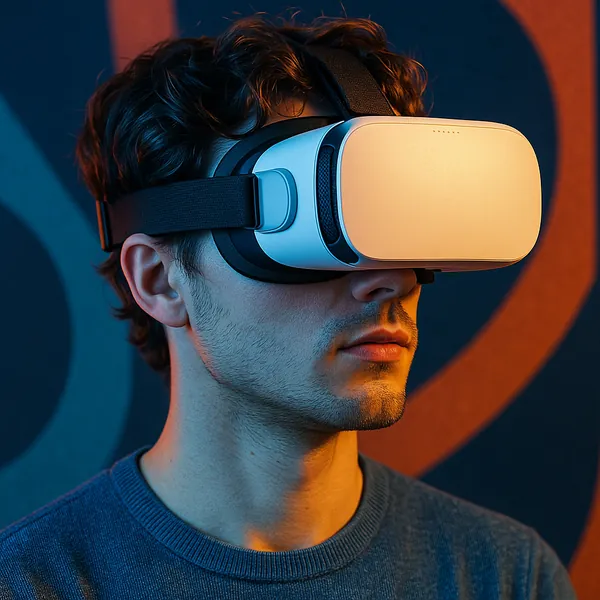 A person is wearing a virtual reality headset, fully engaged in an immersive digital experience.